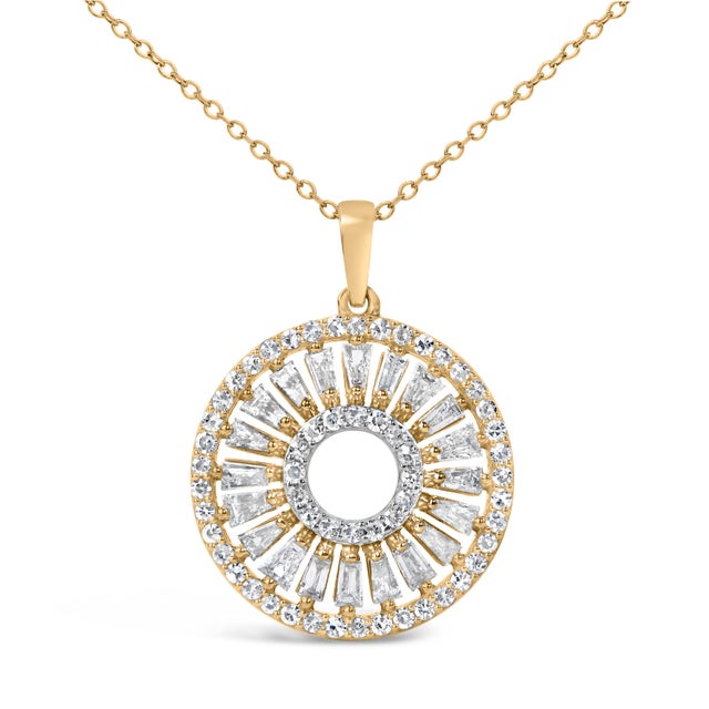 Contemporary 14K Yellow Gold Plated Sterling Silver 1 1/6 Cttw Diamond Sunburst Medallion Pendant Necklace For Sale - Image 3 of 4