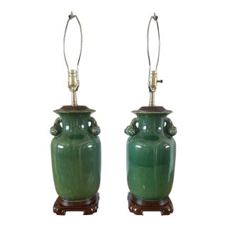 Vintage Green Glazed Ceramic Urn Lamps With Sculptural Fruit Handles - a Pair For Sale