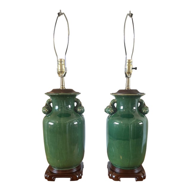 Vintage Green Glazed Ceramic Urn Lamps With Sculptural Fruit Handles - a Pair For Sale