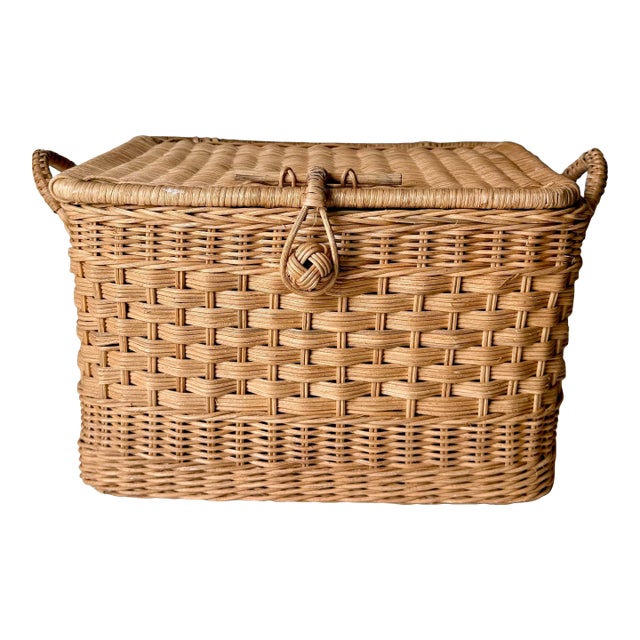 1970s Wicker Two Handle Lidded Basket For Sale