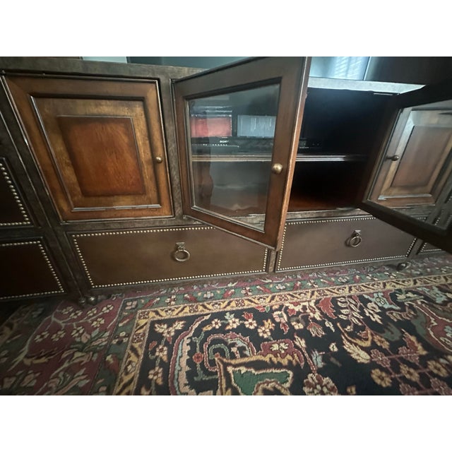 Caracole Mahogany 3 Piece Wall Unit Lighted Curious and Storage. Leather Tops. For Sale - Image 4 of 12