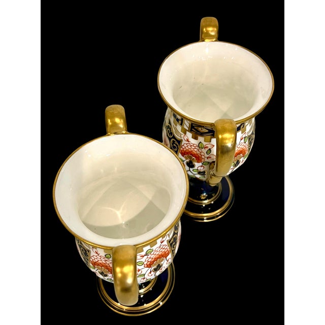 Blue Antique Royal Crown Derby 22 Carat Gold Bone China Vases, Urns, Goblets, 1906, England, a Pair For Sale - Image 8 of 14