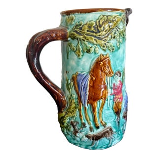 Antique French Majolica Pitcher With Horse and Rider For Sale