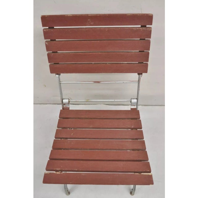 Late 20th Century French Country Style Wood Slat Iron Frame Folding Garden Chairs - Set of 4 For Sale - Image 4 of 12