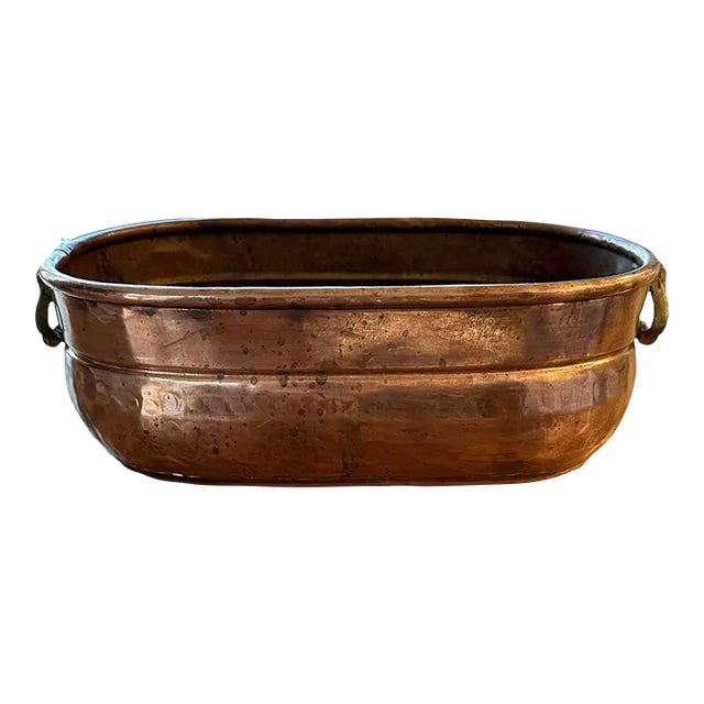 Copper Oval Double Brass Handled Pot Planter Bowl For Sale