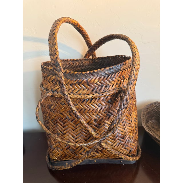 Wood Vintage Asian Woven Rattan Bamboo Rice Traditional Harvest Basket Wicker Backpack For Sale - Image 7 of 11