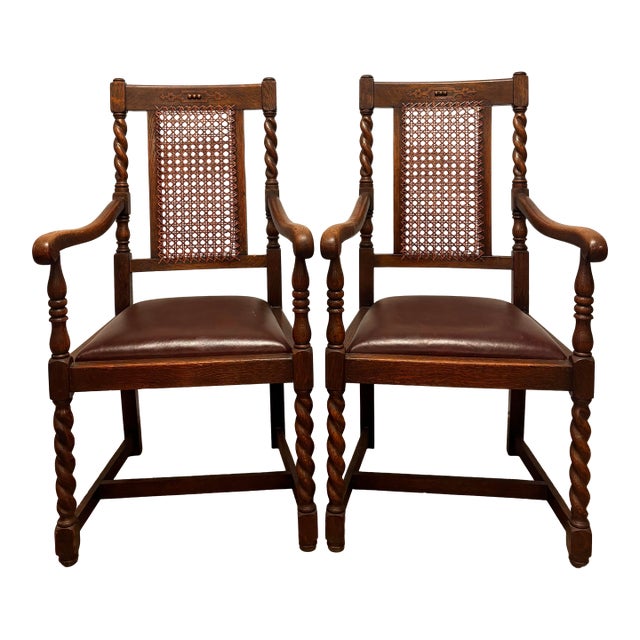 English Oak Chairs With Caning and Barley Twist Detail - A Pair For Sale