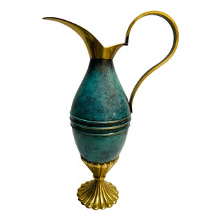 Mid Century Modern Turquoise and Brass Oppenheim Israel Pitcher For Sale