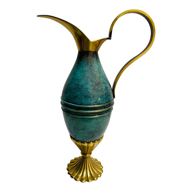 Mid Century Modern Turquoise and Brass Oppenheim Israel Pitcher For Sale