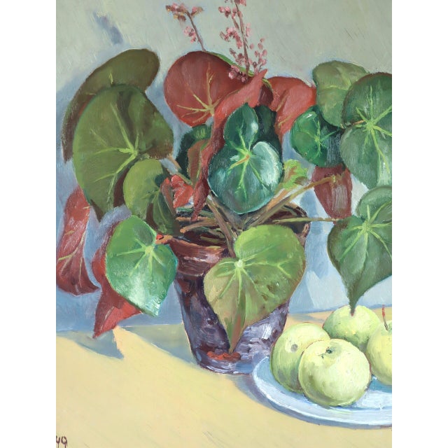 1949 Mid-Century Modern 'Begonia & Apples' Vintage Original Still Life Oil Painting, Framed For Sale - Image 10 of 11