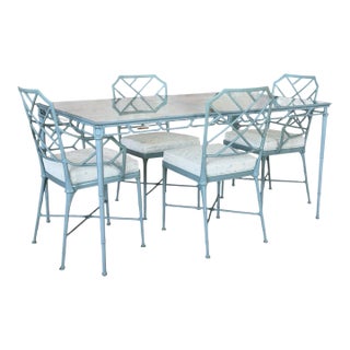 Vintage Brown Jordan Calcutta Faux Bamboo Aluminum Five Piece Patio Dining Set For Sale