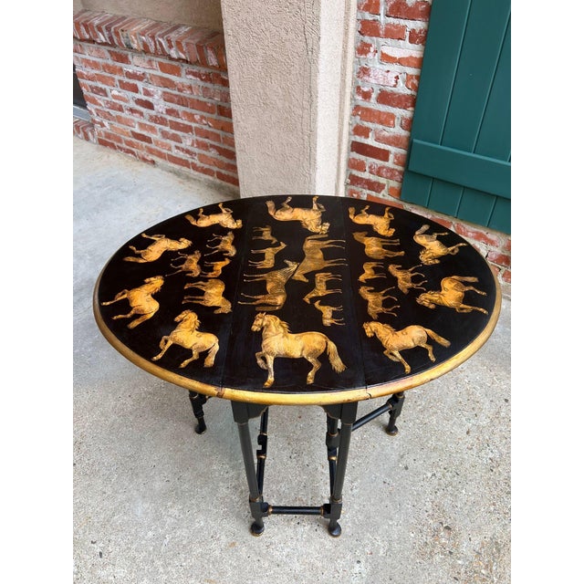 Antique English Drop Leaf Side Table Horse Equestrian Chinoiserie Petite Oak For Sale - Image 17 of 18
