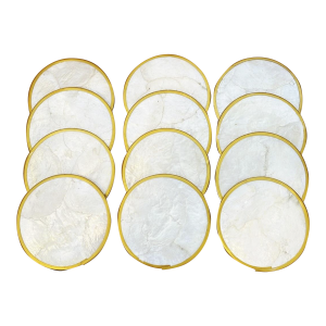 Vintage Capiz Shell Coasters Banded in Brass- Set of 12