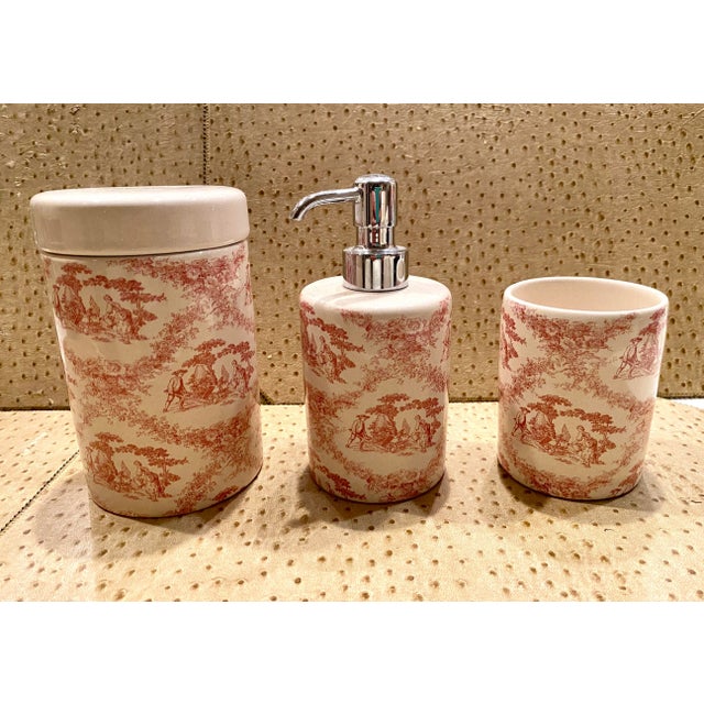 Vintage Labrazel 3 Piece Toile Bath Set in Red Toile, Made in Italy, Includes Cup, Soap Dispenser and Cotton Jar For Sale - Image 9 of 9