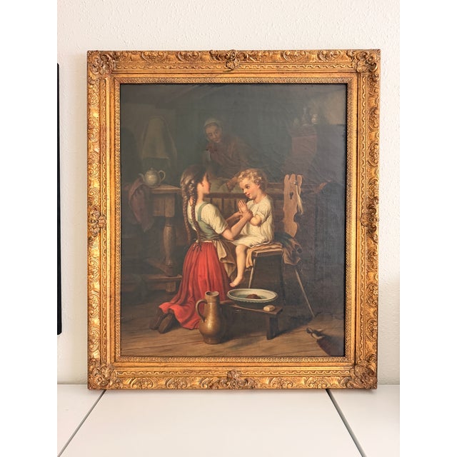 Rustic European Large Antique European Oil Painting 19th Century Interior Genre Scene Children For Sale - Image 3 of 18