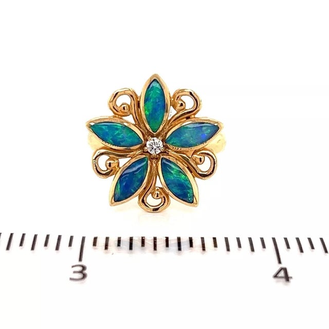 Metal Kabana Diamond Fire Opal 14k Yellow Gold Flower Ring, Size 7.25 For Sale - Image 7 of 7