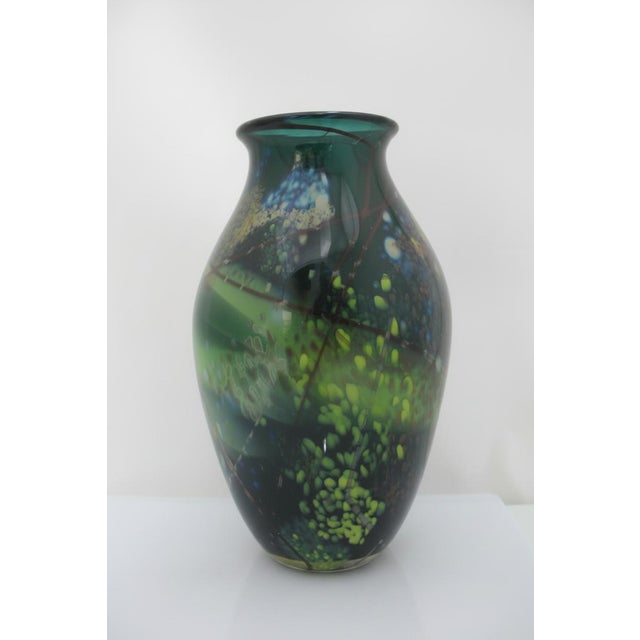 Glass Suzanne Kindland Handblown Icefire Studio Art Glass Green Blue Mottled Vase For Sale - Image 7 of 12
