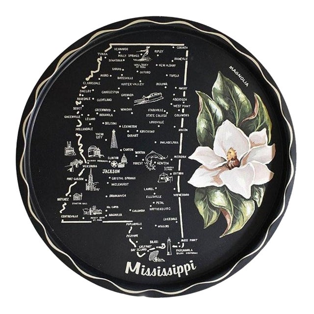 Round Mississippi Magnolia Tin Serving Tray in Black and Cream For Sale