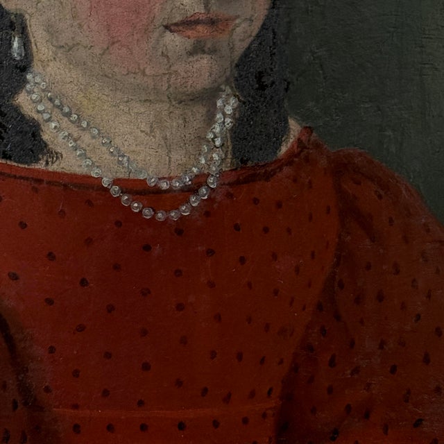19th Century Danish Folk Art Portrait of Young Girl in Red Dress With Pearl Necklace (Oil on Board) For Sale In Philadelphia - Image 6 of 12