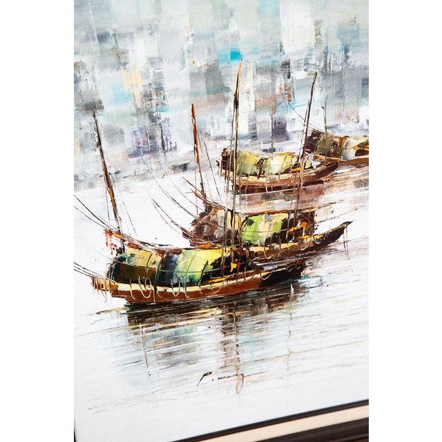 Mid Century Modern Original Art Boat Sailboat White Green Oil Canvas Signed Nm For Sale - Image 10 of 11