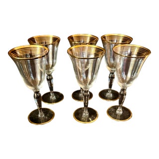 Mid 20th Century Gold Trim Optical Paneled Goblets - Set of Six For Sale