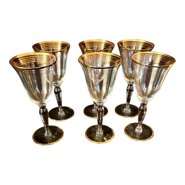 Mid 20th Century Gold Trim Optical Paneled Goblets - Set of Six For Sale