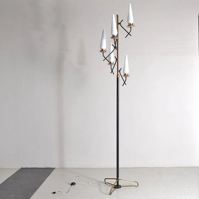 Metal Opaline Glass & Brass Floor Lamp by Stilnovo, 1950s For Sale - Image 7 of 12