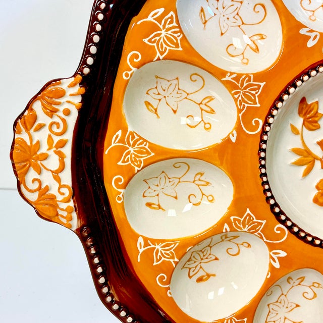 1980s Vintage Boho Chic Arts & Crafts Rustic European Deviled Egg Serving Plate For Sale - Image 6 of 14