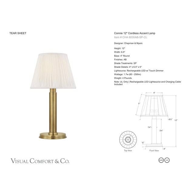 Chapman & Myers by Visual Comfort Signature Connie 12" Cordless Accent Lamp in Antique-Burnished Brass with Silk Pleated...