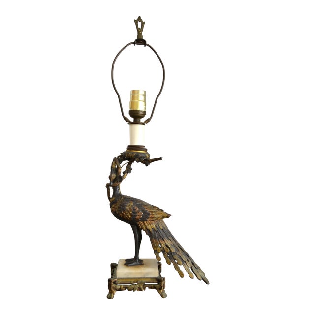 French Bronze and Marble Antique Peacock Table Lamp For Sale