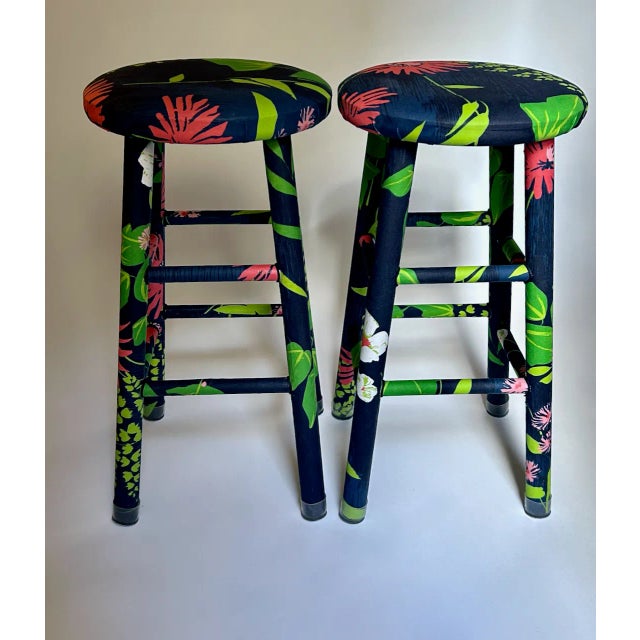 Pair of Greeff "Wild Asters, Summertime Collection" Fabric Wrapped Wooden Counter Stools. Featuring balanced, sturdy,...