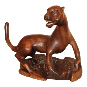 Life Size Antique 1800's Hand Carved Burl Wood Japanese Panther Sculpture Statue