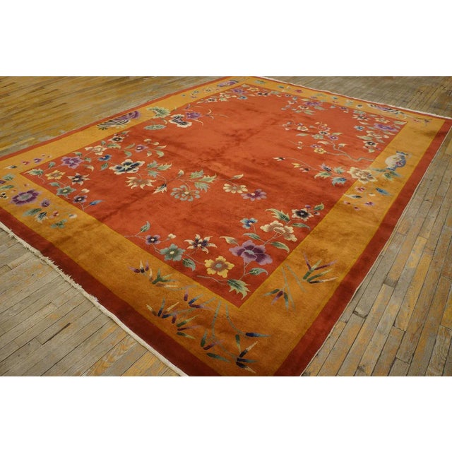 1920s Orange Pumpkin Floral Antique Chinese Art Deco Carpet 9' X 11' 6" Knotted Wool Rug For Sale - Image 4 of 12