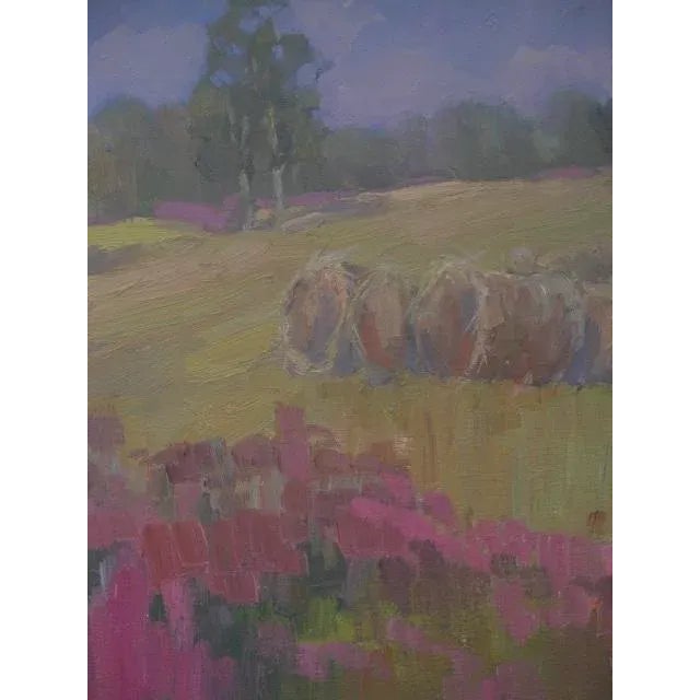 Impressionist Style Bucolic Landscape Acrylic Painting with Bales of Hay, Wildflowers and a Forest For Sale - Image 4 of 10