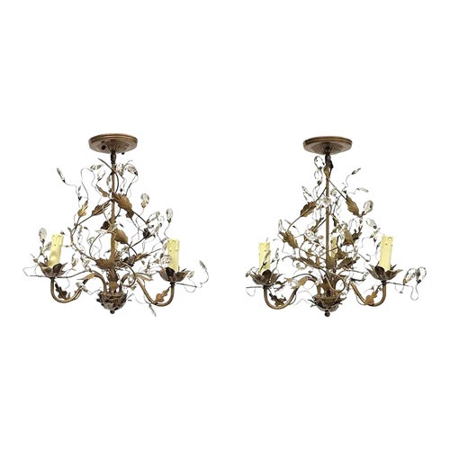 Vintage Bagues Style Patinated Metal and Glass Three-Light Chandeliers - A Pair