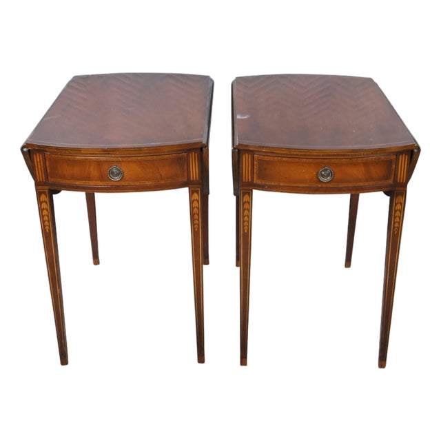 Late 20th Century Pair of Mahogany Association Fruitwood Inlay Pembroke Drop Leaf Side Tables For Sale