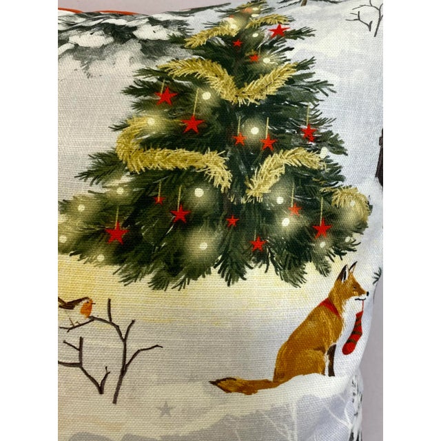 2020s Festive 20” Square Santa With Animal Friends Christmas Themed Pillow With Red Velour-Like Back - Made in U K For Sale - Image 5 of 11