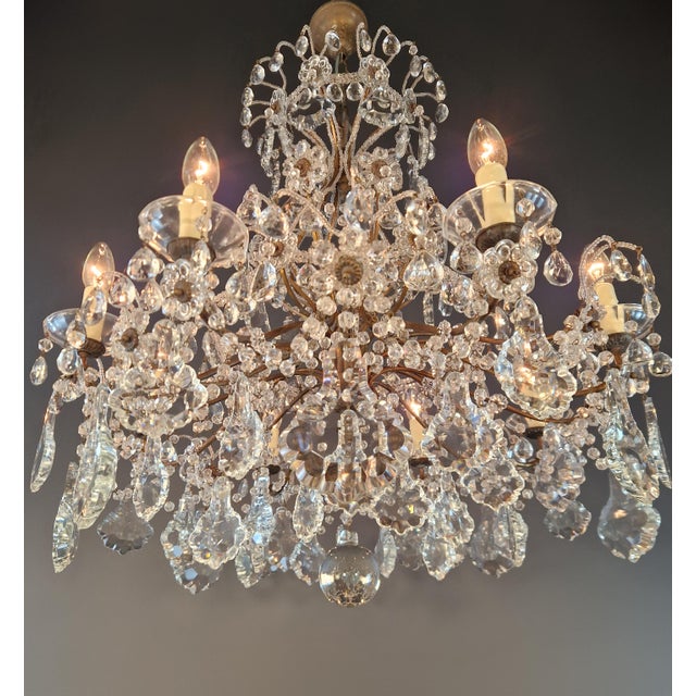 Antique Art Nouveau Flower Candelabrum Crystal Chandelier Brass Ceiling Lustre For Sale - Image 4 of 15