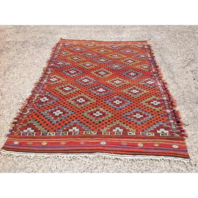 This beautiful, vintage, handwoven embroidered kilim is approximately 60 years old. It is handmade, of very fine quality...