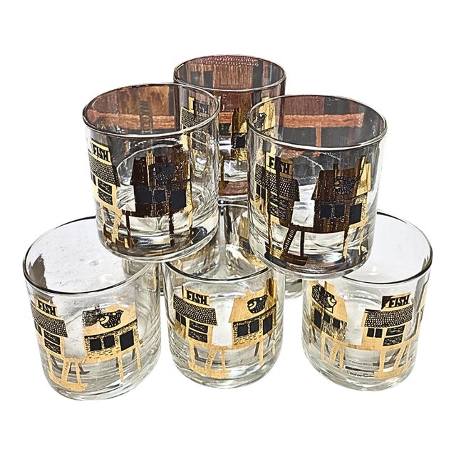 Couroc of Monterey Fish Motif Serving Tray + 8 Rocks Glasses Barware Set, C. 1960 For Sale