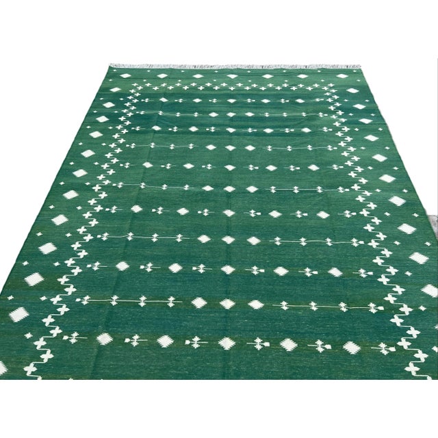 Forest Green Not Yet Made - Made To Order Handmade Cotton Rug Natural Vegetable Dyed Flat Weave Green White Shooting Star Dhurrie - 6'x9' For Sale - Image 8 of 11