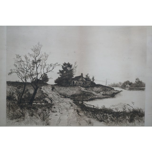 Late 19th Century Antique George William Bohde Signed Farmhouse Riverscape Etching 30" For Sale - Image 5 of 13