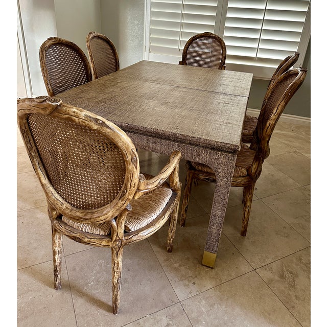 Late 1970s/1980s natural brown grasscloth dining table likely crafted by reknowned designer Harrison van Horn. The natural...