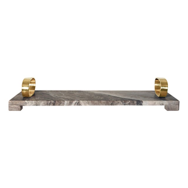 Matthew Izzo Home Tadeo Beige Torento Marble Tray With Brass Oval Handles For Sale