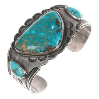 Late 20th Century 7" 20's-30's Navajo Ingot silver Whirling log High grade turquoise cuff bracelet For Sale