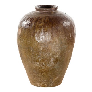 Antique Japanese 19th Century Brown Glazed Water Jar with Distressed Appearance For Sale