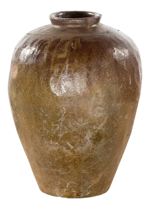 Antique Japanese 19th Century Brown Glazed Water Jar with Distressed Appearance