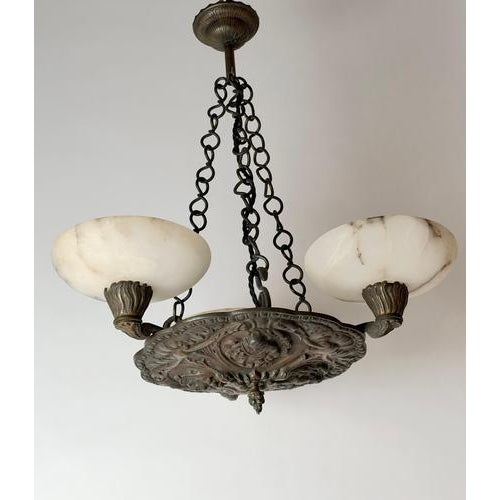 Antique Renaissance Revival Bronze and Alabaster Chandelier with Serpent Details, 1900 For Sale - Image 13 of 18