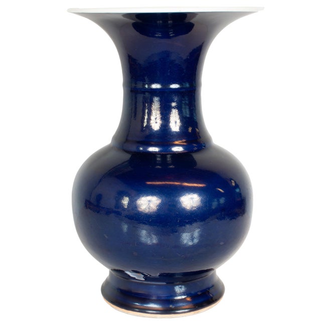 Blue Large Antique Chinese Qing Dynasty Powder Blue Porcelain YenYen Shaped Vase 1850 For Sale - Image 8 of 12