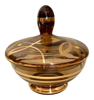 1960s Amber Glass Covered Candy Dish With Gold Swirl Design